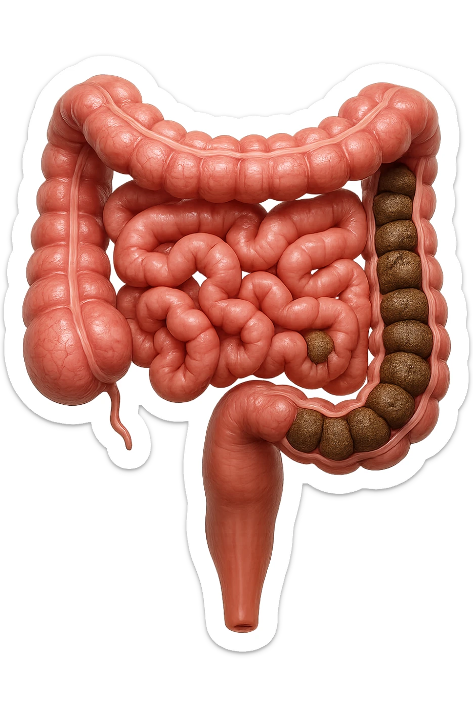 intestino umano anatomico con feci a palline bloccate nel colon, stipsi, iperrealistico 4k sticker