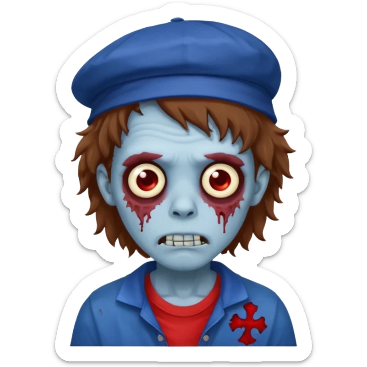 brown fluffy hair zombie with blue and white hat dark blue jilet red t shirt sticker