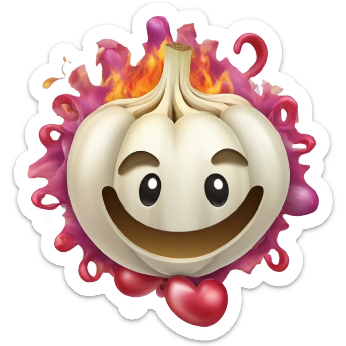 A clove of garlic and an onion kissing with an explosion of smell with some heart sticker