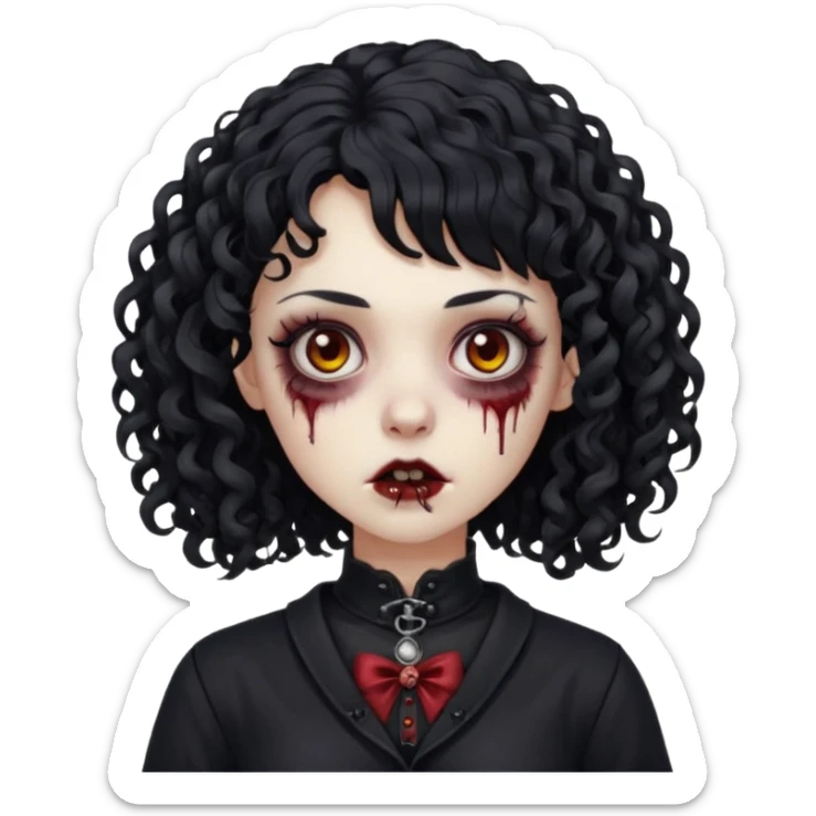 Faça uma mulher zumbi com o cabelo cacheado médio, e uma franja cacheada, cabelo preto e deixe ela meio gótica. sticker