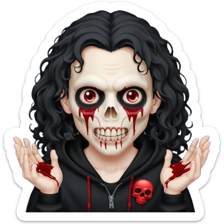 Vampire wearing a black hoodie with a skull logo on it, long curly hair that covers the forehead, fanged teeth and blood on hands sticker