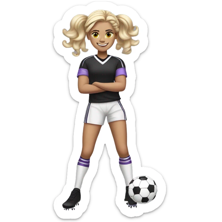 12 YEAR OLD GIRL, FOOTBALL PLAYER, BLONDE, LONG HAIR WITH CURLERS AND HAIR UP, KICKING THE BALL, SMILING, WHITE COMPLEXION, BLACK T-SHIRT AND LILAC DETAILS, BUT WITHOUT STRIPES sticker