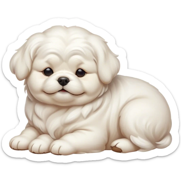 Cinematic Meme-Worthy Chubby Sleeping Wavy-Haired Maltese Dog Portrait Emoji, Head resting peacefully with a contented smile, featuring a delightfully chubby build and a luxuriously soft, wavy-haired white coat, eyes shut in a serene nap, Simplified yet hilariously adorable features, highly detailed, glowing with a soft, drowsy light, high shine, relaxed and utterly lovable, stylized with an air of playful laziness, bright and endearing, soft glowing outline, capturing the essence of a comically sleepy companion, so meme-worthy it feels like it could instantly become the next viral sensation of adorable slumber! sticker
