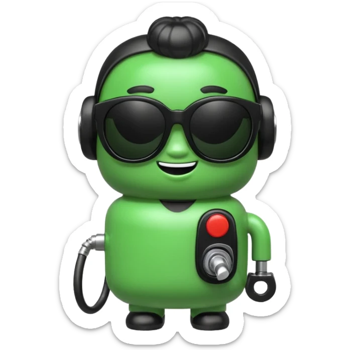 A cute 3D icon of a green gas pump character wearing oversized black sunglasses. Round and chubby proportions, glossy toy-like texture, soft pastel lighting, friendly expression, smooth edges, high-quality render, isolated on a transparent background. sticker