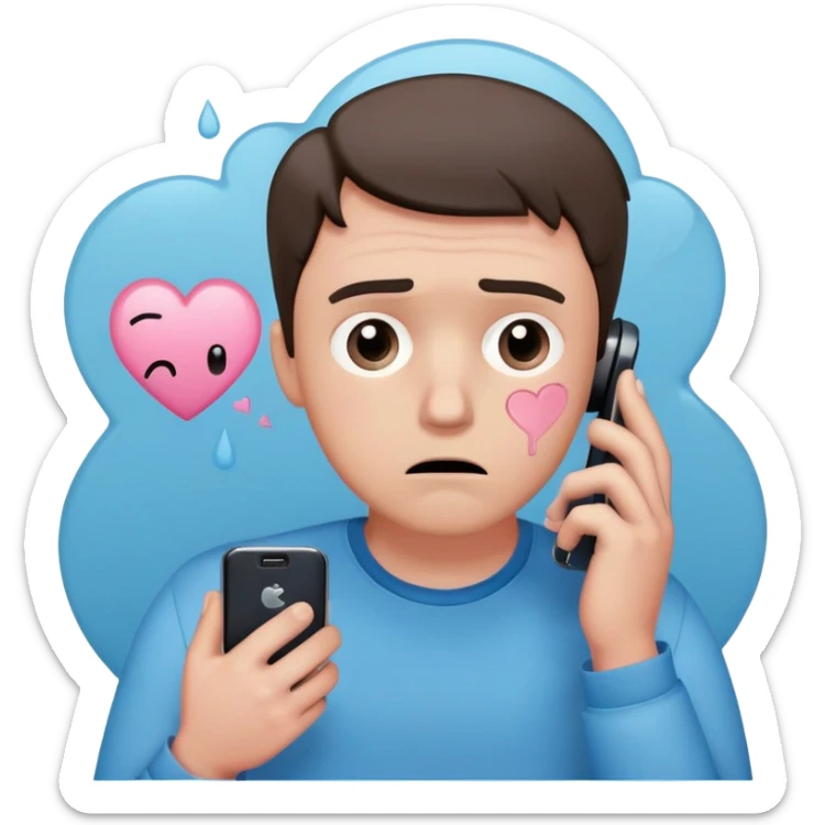 anxious man with wide worried eyes and slightly frowning mouth overthinking with sweat drops, a cracked heart symbol nearby, holding a phone in hand, body posture tense and reaching forward showing fear of abandonment, minimal soft rounded design with gentle blue and pink colors sticker
