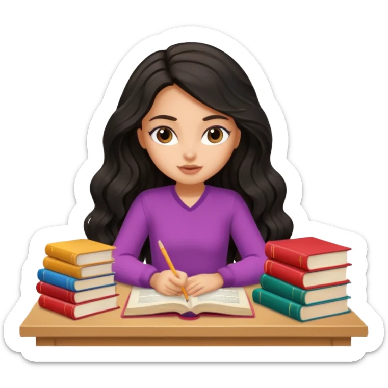 a pretty tan bratz girl with black wavy long hair studying. Pile of books on the table. No glasses sticker
