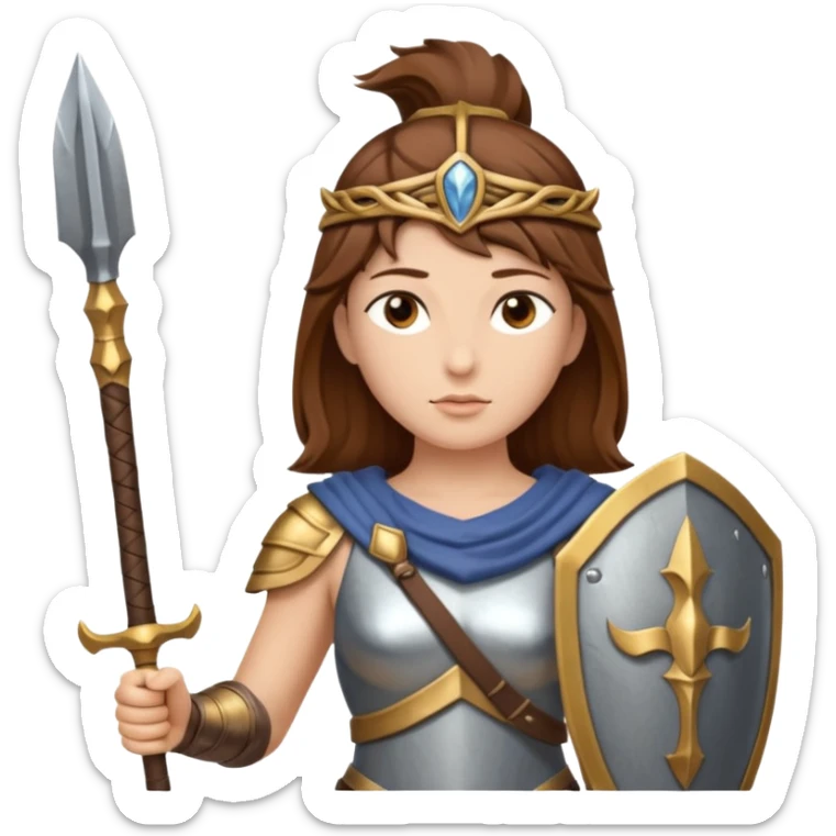 brown haired Athena the Greek goddess of disciplined, strategic warfare, calm, commanding figure leading with intelligence not force. wears light armour carries a spear, symbolising protection precise judgement. strategy, not aggression, embodying clarity, foresight and decisive action. sticker