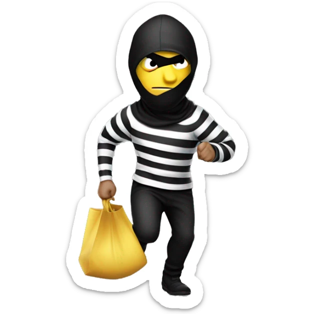 Burglar in white and black stripes by going to the right running away with a bag of money over his shoulder sticker