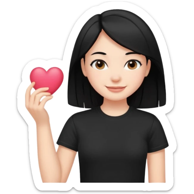 a pretty bratz fair girl with straight black hair, wearing a black tshirt, smiling sticker