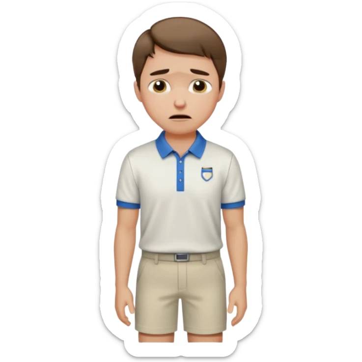 Handsome male.short brown hair.wearing golf shirt and shorts.crying sticker