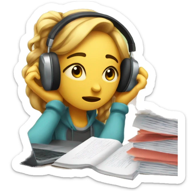 Tired exhausted student with over ear headphones and a laptop infront of her and a bunch of papers shes on the verge of crying  sticker
