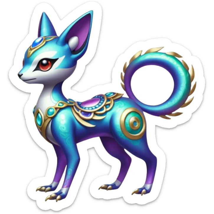 Shiny Colorful Futuristic Ornate Oriental Painted Asian Vernid-Trico-Meloetta-Latias-Koraidon-Peppercat-Protogen-Pokémon-Digimon-Fakémon-fusion-hybrid-creature sticker