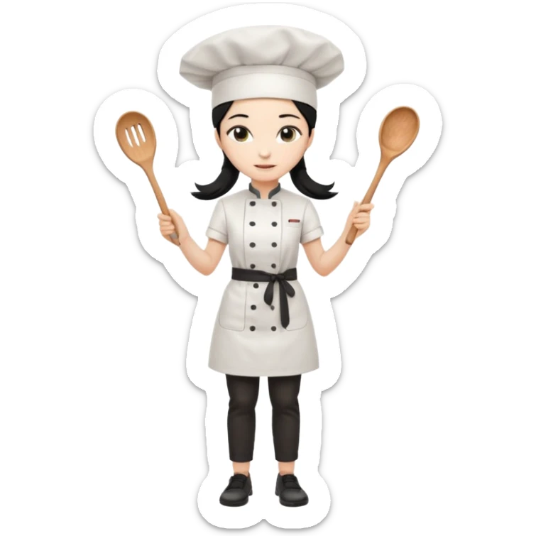 
A beautiful girl wears a white chef's uniform. Her long, straight black hair is styled in a ponytail. She wears a white chef's hat and holds a wooden cooking spoon. She is standing and wearing black shoes. The illustration style is 2D realistic.. sticker