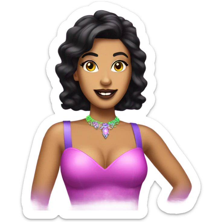 Tanned woman with black hair dressed in 1990s pop princess hair, makeup, and neon attire  sticker