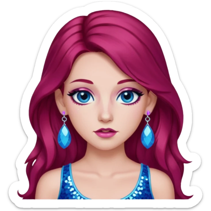 Chappell Roan (b.1998) with long dark red hair, pink sequin crop top, pink earring, blue eye, makeup sticker