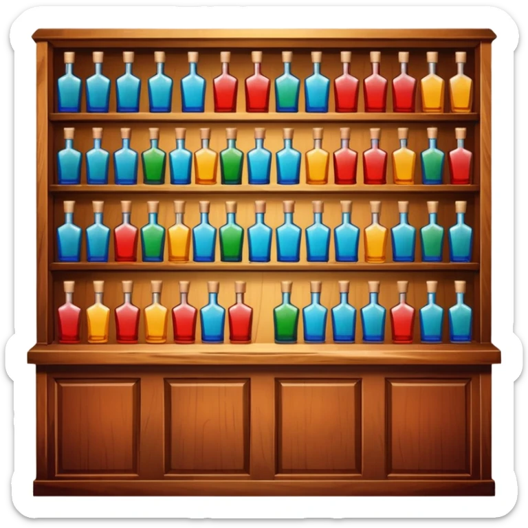 A wooden bar counter with rows of colorful liquor bottles lined up behind.
 sticker