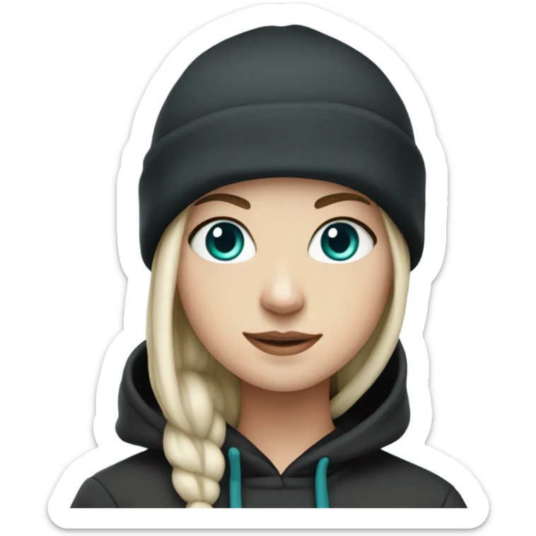 White girl, black hoodie, teal hair, purple beanie hat, blue eyes sticker