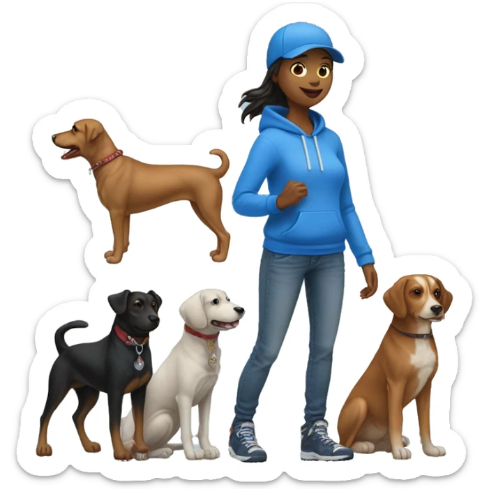 Dog walker in blue hoodie, jeans, blue baseball cap with eight dogs at heel on her left side sticker