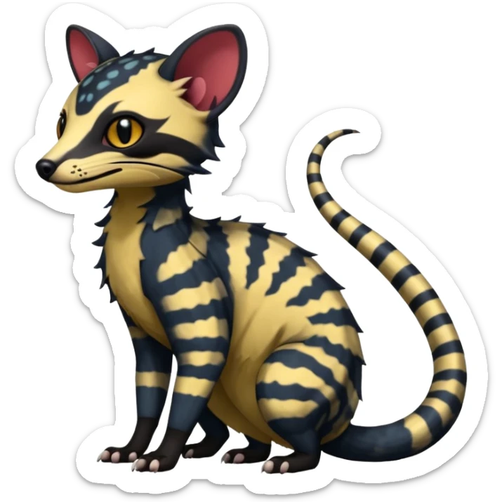 Rare warm-colored exotic edgy cute epic aesthetic spooky dark gothic colorful Genet-Salandit-Civet-species-Fakemon-hybrid-creature, with beautiful intricate markings, full body sticker