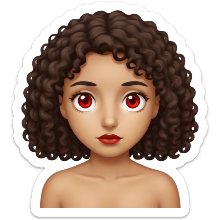 Right eye red swollen and blind on tan girl with dark curly hair with other eye being normal and brown sticker