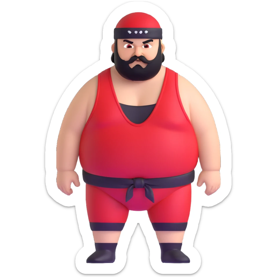 Close-up of morbidly obese white skin guy with young face, prominent BLACK DURAG tied clearly on head, distinct black beard and mustache, no muscle, black eyes in a red and black wrestling singlet with angry face sticker