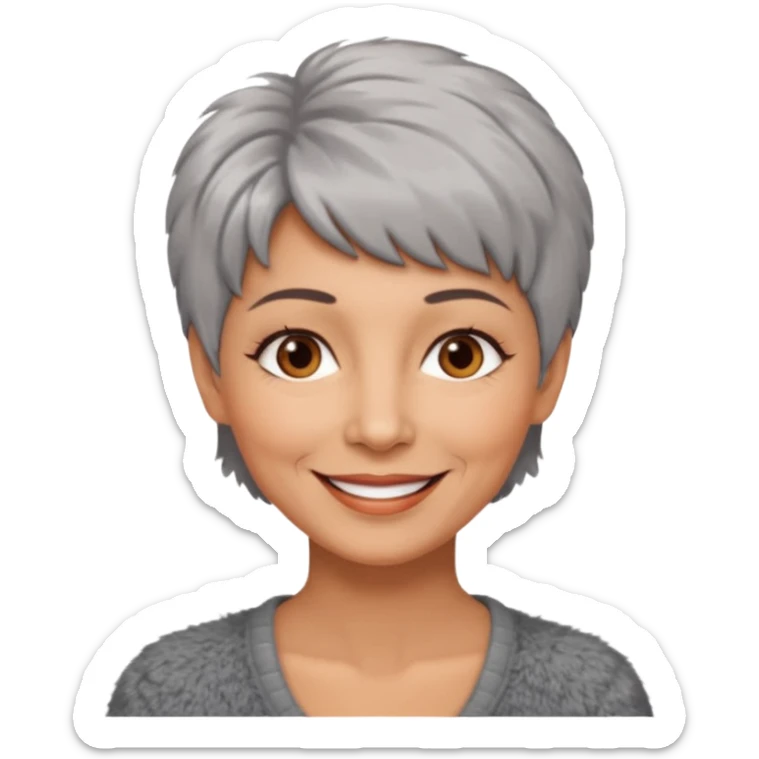 woman 50 years old, short grey fluffy cut hair, tannes skin and brown eyes sticker