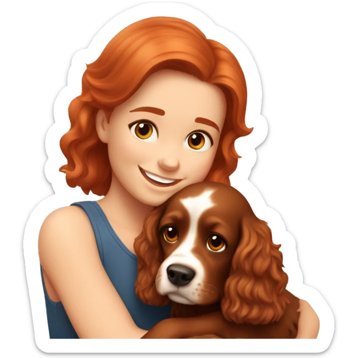 A very cute girl with red hair cuddling a happy brown-bright happy Cocker Spaniel. sticker