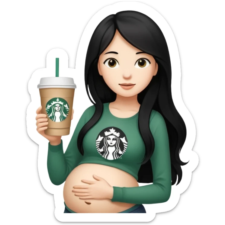 A young girl with long black hair, reaching up to her belly, holds a cup of Starbucks coffee.
 sticker