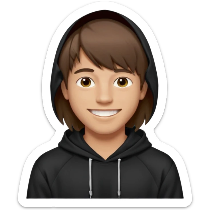 20 yr old man, brown hair, straight, big smile, white teeth, tanned skin, bangs, black hooded sweatshirt, long hair in back, center-parted bangs sticker