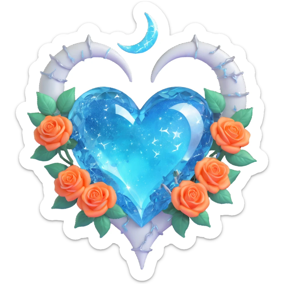 gothic heart made of icy blue glass, silver crescent moon, frosted white roses, holographic stardust, neon cyan lightning, drenched and splintered glass sticker