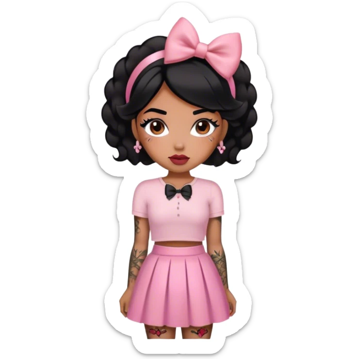 coquette, tattoos, brown sunkissed skin with black hair, lipgloss, blush, pink skirt, bow in hair sticker