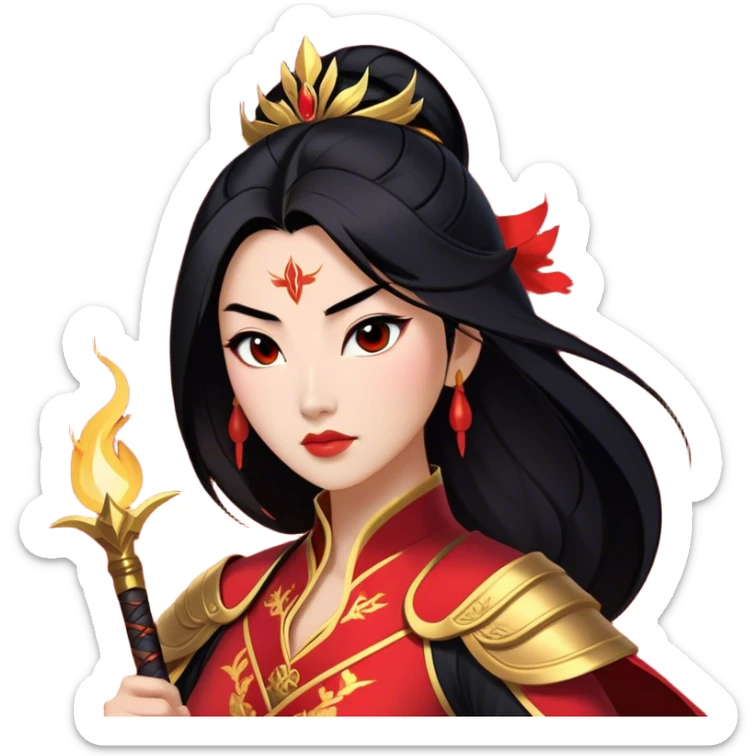 Cinematic Stunning Mulan Portrait Emoji, Fierce yet graceful, flowing raven-black hair, piercing brown eyes filled with determination, adorned in regal red and gold warrior attire, glowing with the strength and beauty of a true heroine, an elegant warrior in her prime! sticker