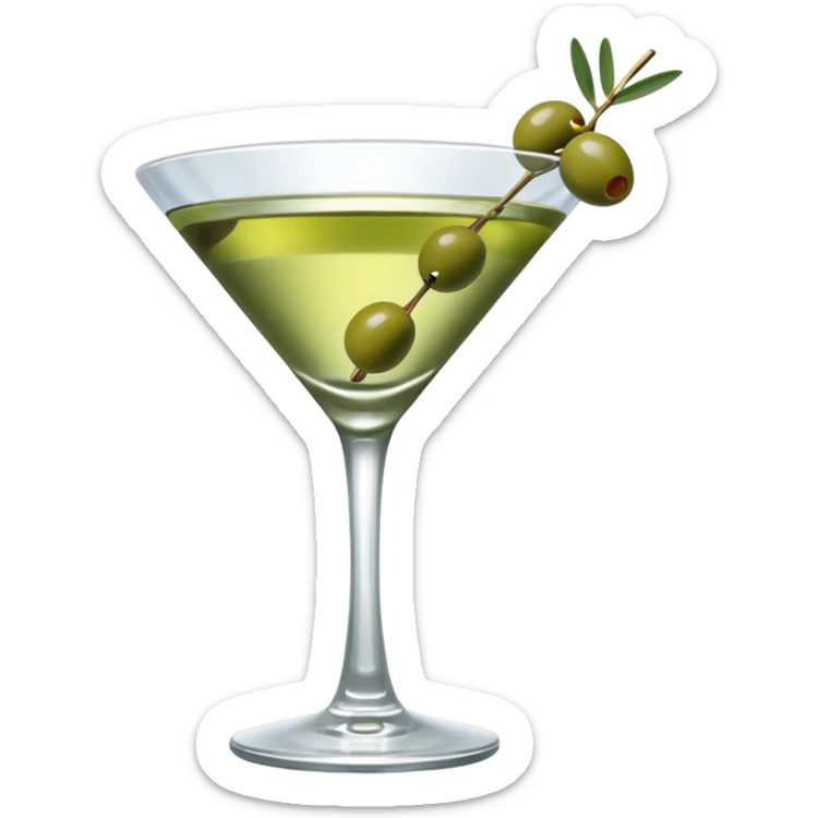 martini glass with 3 olives. no straw, just 1 stick that the olives will be stuck on. olives should have the same size. no leaves at all. liquid should be more white/clear than greek  sticker