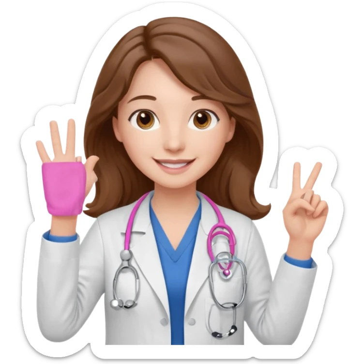 Barbie like emoji of a white woman with brown eyes and long wavy brown hair wearing blue scrubs, white lab coat, pink stethoscope, and raising one hand and a warm smile sticker