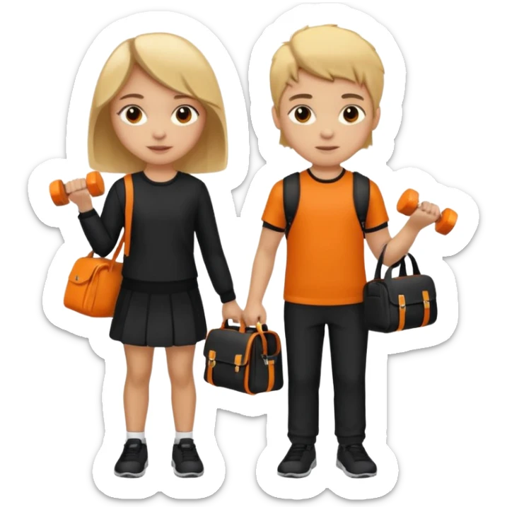 light skin students girl and boy with school bag full of books on hand and dumbell in other hand. Clothes are in black and orange colours. They are going to the gym. They have brown and blonde hair. Dumbell is visible in hand sticker