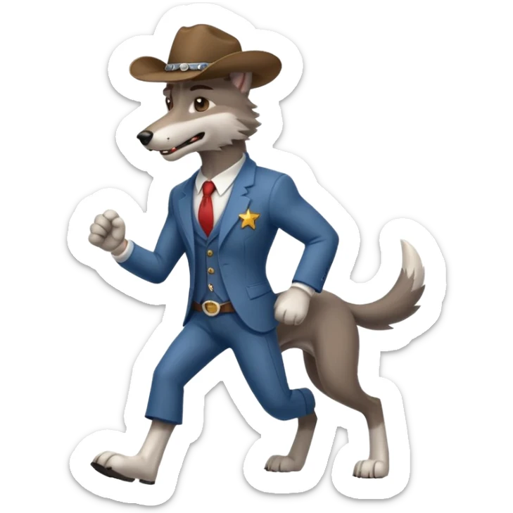 Big muscler grey wolf hound with cowboy hat and suit. With big bold letters spelling “RUNNER” sticker