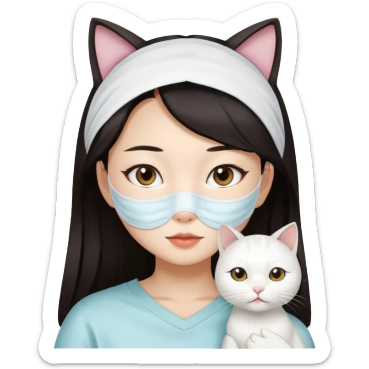 Asian girl with full facial sheet mask pack with one  white cat sticker