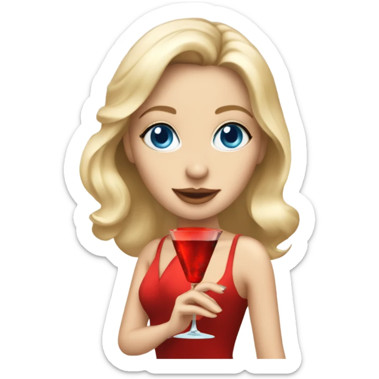 Beautiful blonde white woman with blue eyes and red dress dancing with martini sticker