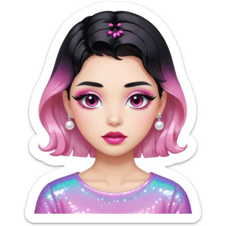 “black hair Emoji girl, glossy pink eyelids, ombré cherry lips, soft contour, subtle glitter under eyes, pearl hair clips, trendy hairstyle, iridescent modern top.” sticker