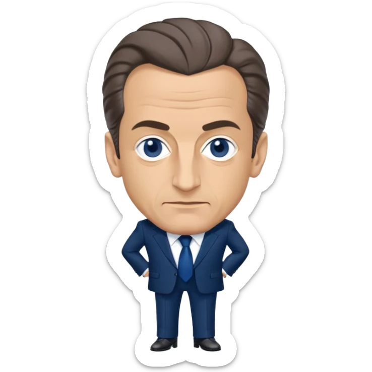 figure of Nicolas Sarkozy with an oversized head and small body, standing, wearing a navy suit and blue tie, highly recognizable face, simplified details sticker