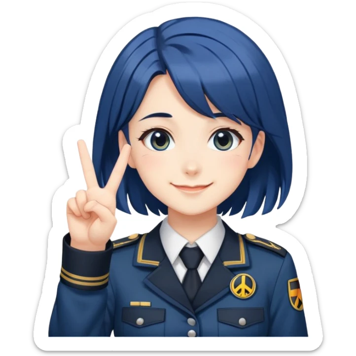 A cute anime-style girl with dark blue hair in a dark German uniform with a swastika with a smile happily shows the gesture of "peace" sticker