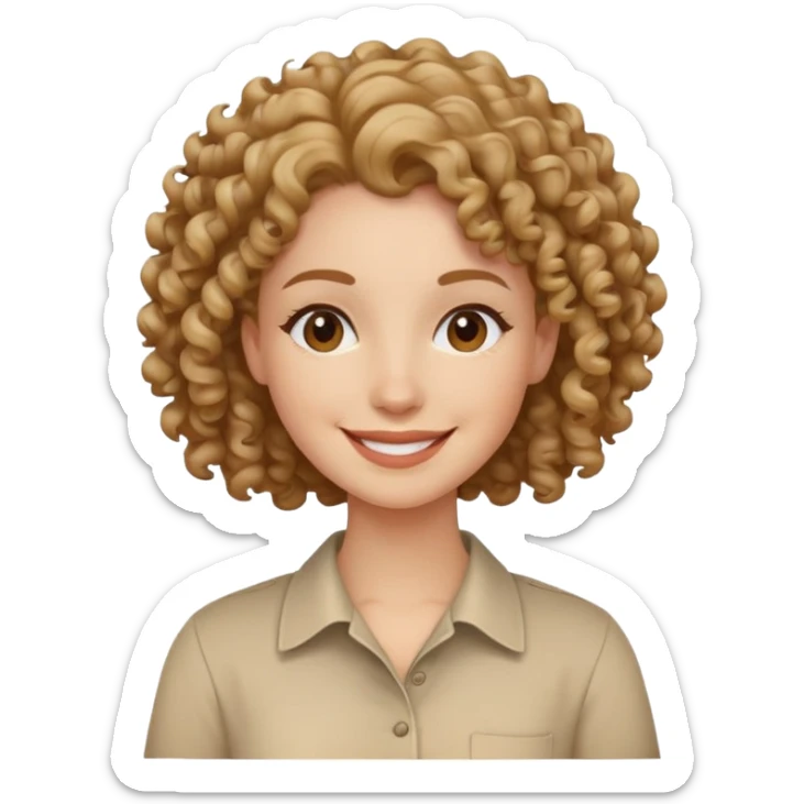 Woman smiling, curly hair and wearing beige shirt sticker
