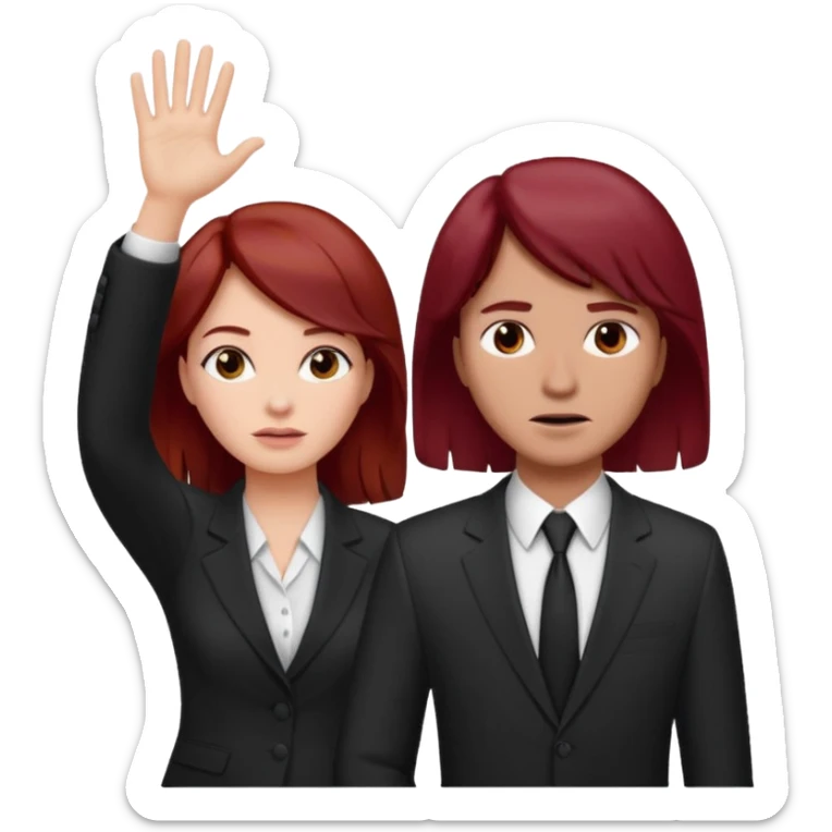 now make the girl u created in bussines outfit waveing with dark red hair and the man u created facepalm sticker