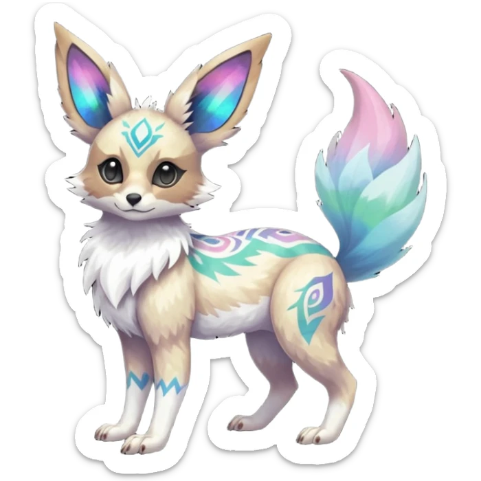 Rare iridescent white exotic epic aesthetic colorful Trico-Eevee-Genet-species-Fakemon-hybrid-creature, with intricate tattoo markings, full body sticker