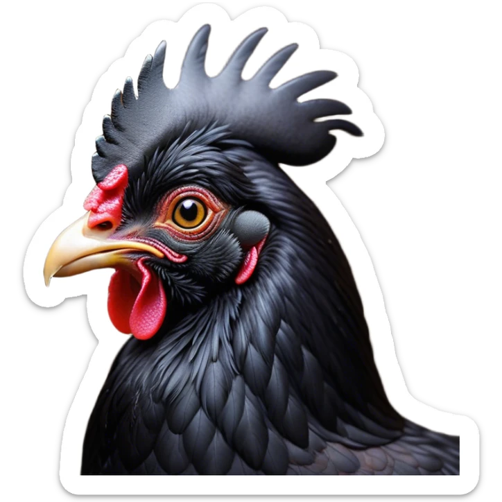 Cinematic Noble Black Chicken Portrait Emoji, Poised and regal, with a compact, sturdy build and a glossy, well-groomed pure black plumage, deep-set soulful beady eyes, Simplified yet sharp and sophisticated features, highly detailed, glowing with a soft, dignified glow, high shine, intelligent and alert, stylized with an air of mysterious elegance, focused and attentive, soft glowing outline, capturing the essence of a watchful and confident fowl, so majestic it feels as though it could strut out of the screen with effortless authority! sticker