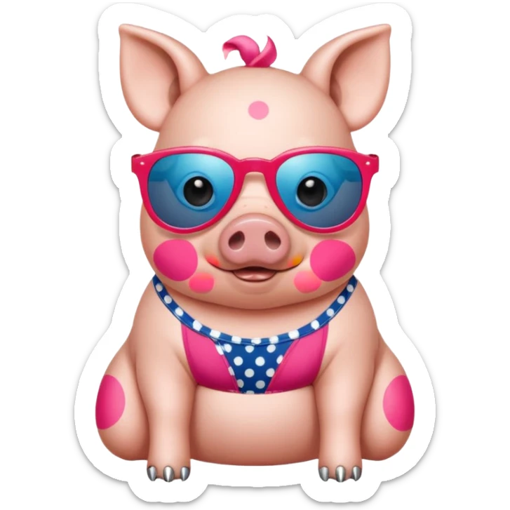 cute pig wearing  star-shaped sunglasses and polka dot bathing suit on all fours with nail polish, with a name tag saying hi my name is gerald sticker