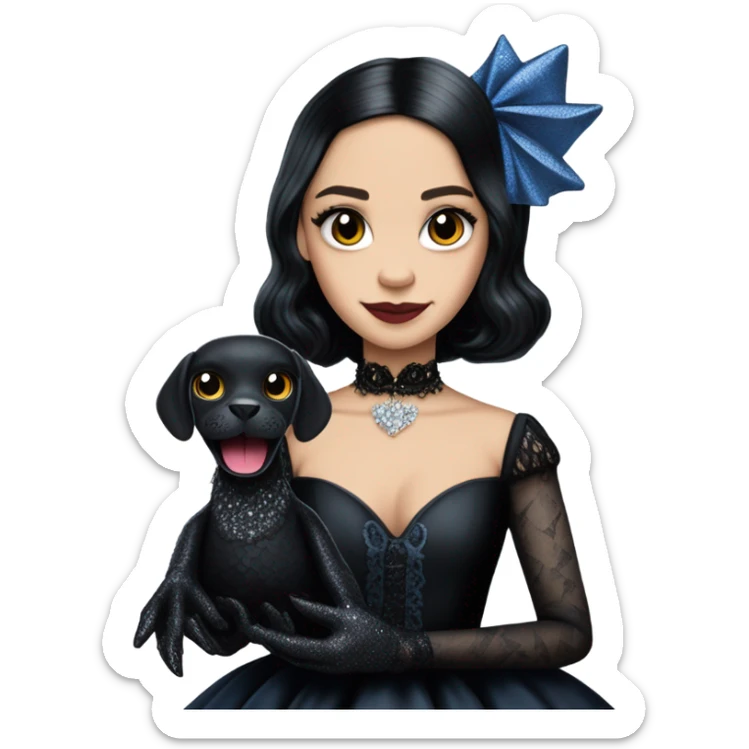relaxed low-cut back silky black evening ball gown with lace gloves, Jenna Ortega as Wednesday Addams wearing a mini diamond tiara showing off blood blue cute horned old dragon hand puppet sticker