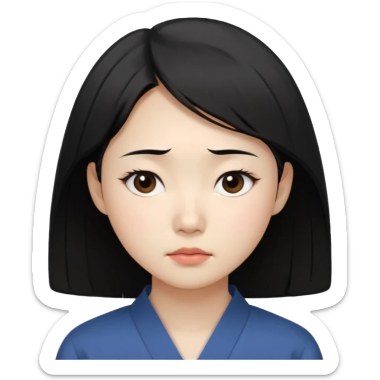 Korean woman, East Asian features,
female human face avatar, headshot,
slightly uncomfortable expression,
subtle frown, tired eyes,
sensitive and delicate mood,
neutral face, minimal expression,
simple black hair,
clean background,
professional, minimal style sticker