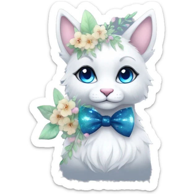 Anthro Cute Cool Kawaii gorgeous sparkly ethereal fantasy animal creature with blue eyes furry sona with flowers and bow tie beautiful aesthetic sticker