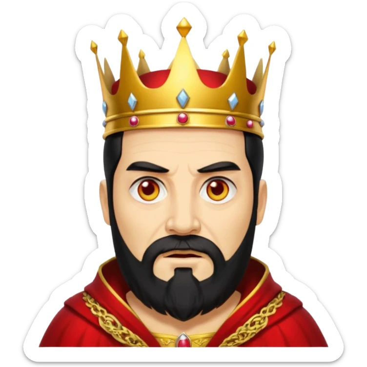 


an old king with yellow skin, red eyes, 60 years old, black hair, black beard, wearing a crown, red robe, fierce face
 sticker